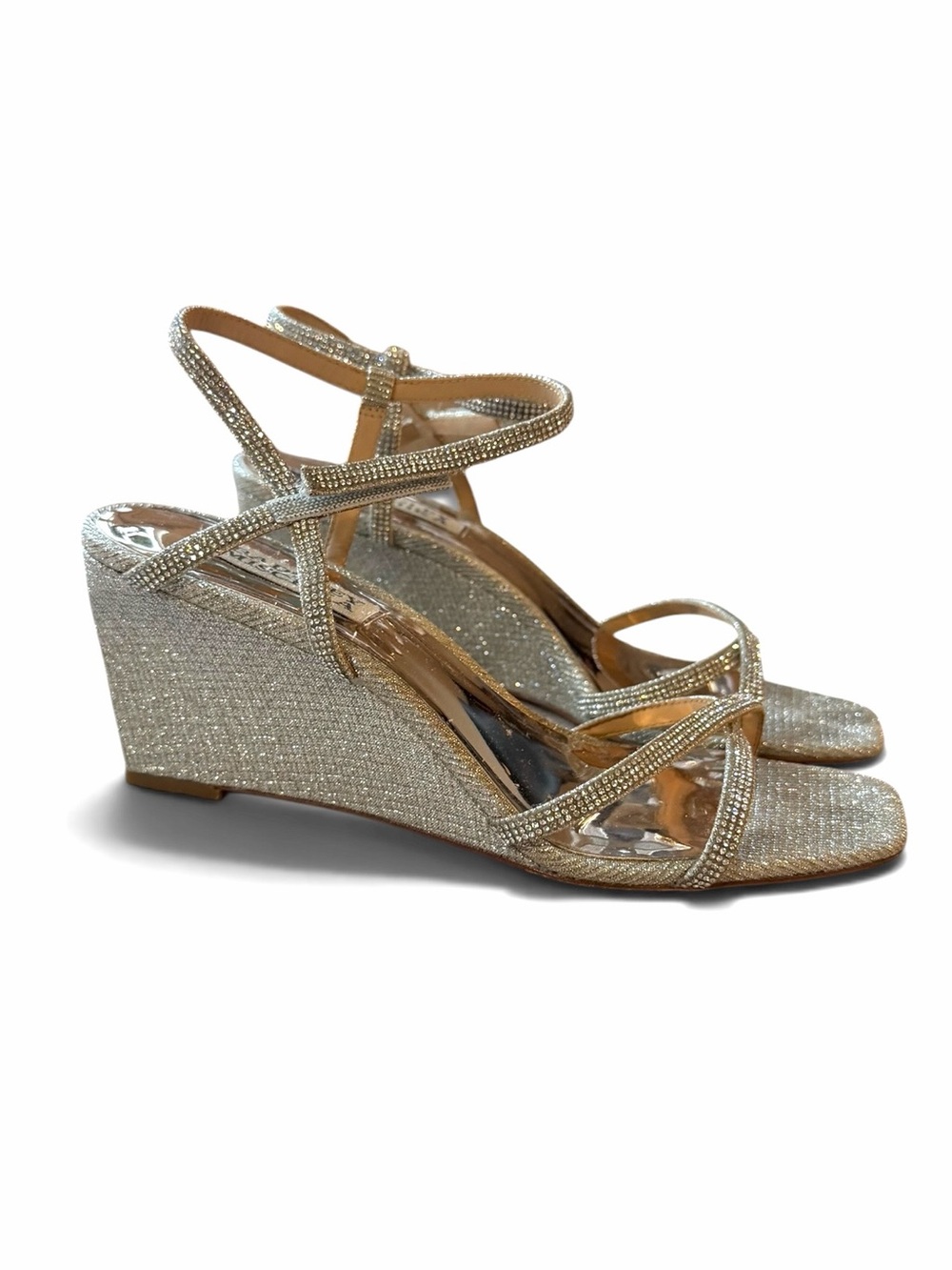 Badgley Mischka Champagne Rhinestone Strappy Wedge Heels | Glam Evening Shoes